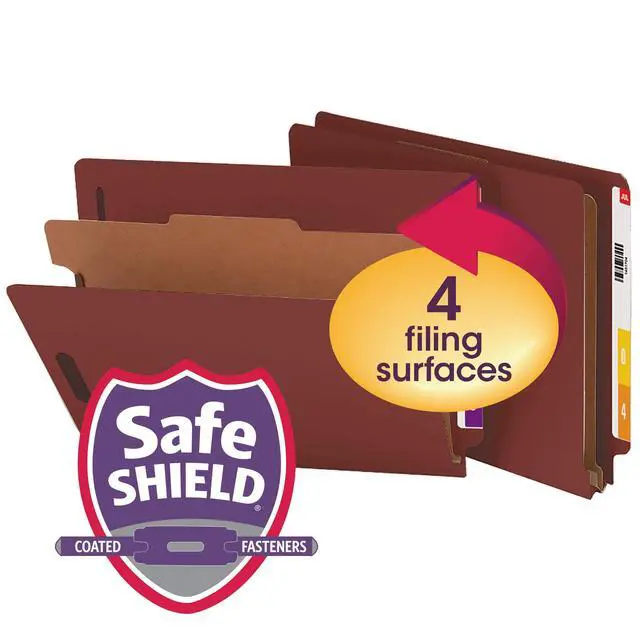 Alt view image 2 of 6 - 100% Recycled End Tab Pressboard Classification File Folder with SafeSHIELD Fasteners, 1 Divider, 2" Expansion, Legal Size, Red, 10 per Box (29855)