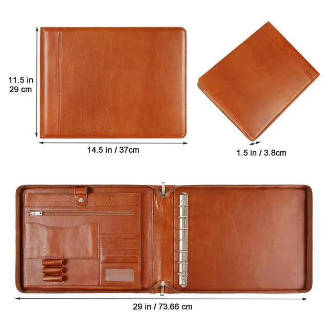 Alt view image 2 of 6 - Leather Business Checkbook Binder - 7 Ring Zippered Binder with Check Book Holder for 3 Per Page, 600 Checks Capacity for 9 x 13 inch Sheets, Oil Brown