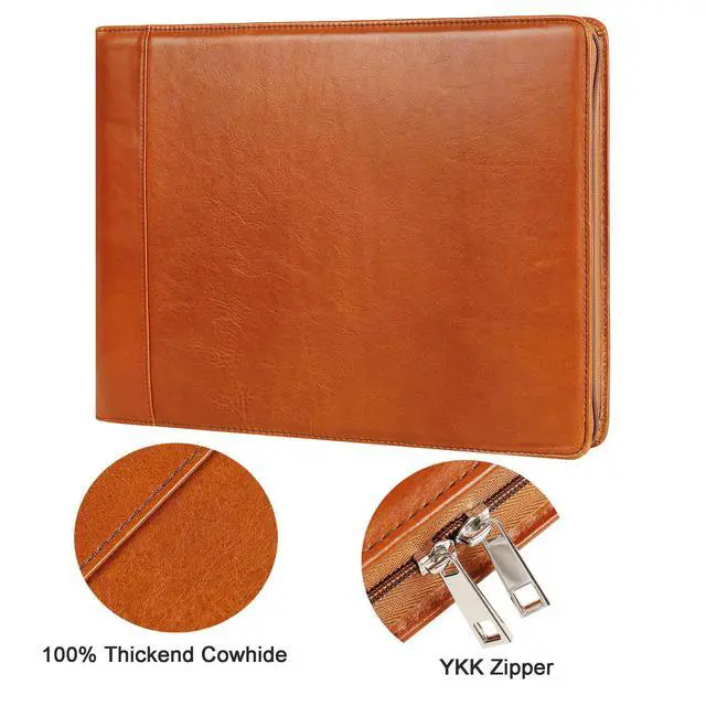 Alt view image 3 of 6 - Leather Business Checkbook Binder - 7 Ring Zippered Binder with Check Book Holder for 3 Per Page, 600 Checks Capacity for 9 x 13 inch Sheets, Oil Brown