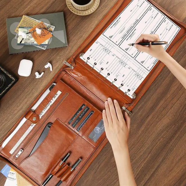Alt view image 4 of 6 - Leather Business Checkbook Binder - 7 Ring Zippered Binder with Check Book Holder for 3 Per Page, 600 Checks Capacity for 9 x 13 inch Sheets, Oil Brown