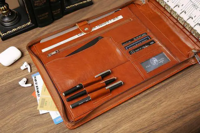 Alt view image 5 of 6 - Leather Business Checkbook Binder - 7 Ring Zippered Binder with Check Book Holder for 3 Per Page, 600 Checks Capacity for 9 x 13 inch Sheets, Oil Brown