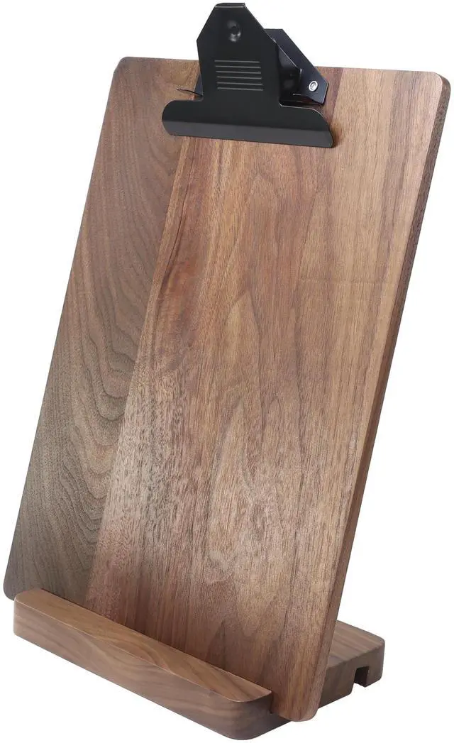 Main image of Solid Hardwood Walnut Clipboard with Stand,Wooden Menu Holder for Restaurant,Tabletop Display Stands,Bar Countertop Receipt Holder,Standing Clip Boards 8.5x11 with High Capacity Metal Clip