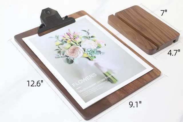 Alt view image 2 of 6 - Solid Hardwood Walnut Clipboard with Stand,Wooden Menu Holder for Restaurant,Tabletop Display Stands,Bar Countertop Receipt Holder,Standing Clip Boards 8.5x11 with High Capacity Metal Clip
