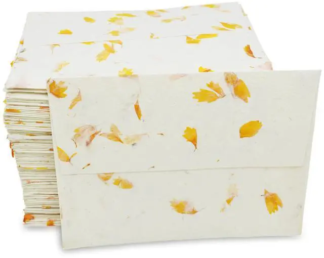 Main image of Lokta Envelopes for 5x7 Cards, Marigold (100 Pack) | Handmade pressed flower petal paper, 5.5x7.5 inch, DIY wedding invitations, announcements, vintage stationery, made in Nepal
