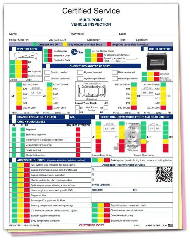 Main image of Pack of 250 Sheets GM Multi-Point Vehicle Inspection Report - 3 Part Checklist PER Manufacturer's Recommendation Forms, White with Multi Colored