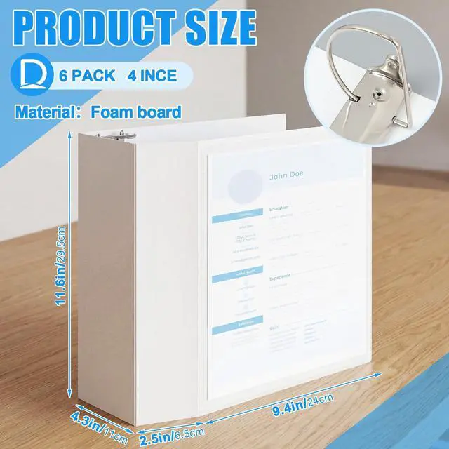 Alt view image 2 of 6 - 6 Pcs 4 Inch D-Ring 3 Ring Binders with Clear Pocket, Heavy Duty Large Capacity Binder with Inside Pockets for Standard Pages 8.5 x 11, Presentation Binder for Office School(White)