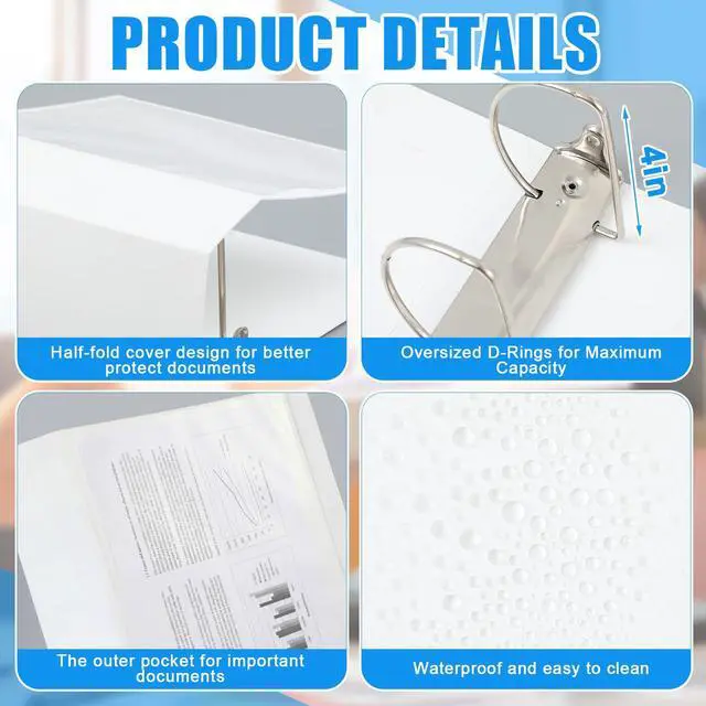 Alt view image 3 of 6 - 6 Pcs 4 Inch D-Ring 3 Ring Binders with Clear Pocket, Heavy Duty Large Capacity Binder with Inside Pockets for Standard Pages 8.5 x 11, Presentation Binder for Office School(White)
