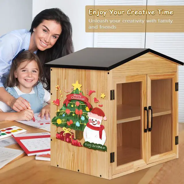 Alt view image 4 of 6 - 2-Tier Outdoor Library Box Exchange Box, 20x14x21 Inch | Outdoor Book Storage Little Wood Cabinet for DIY, Neighborhoods Community and Schools, Literature and Newspapers