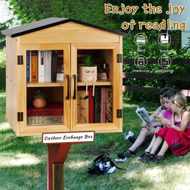Alt view image 6 of 6 - 2-Tier Outdoor Library Box Exchange Box, 20x14x21 Inch | Outdoor Book Storage Little Wood Cabinet for DIY, Neighborhoods Community and Schools, Literature and Newspapers