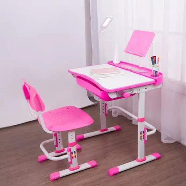 Alt view image 2 of 6 - Kids Desk and Chair Set,Height Adjustable,Spacious Storage Drawer | with Adjustable Tilted Desktop, Bookstand, Touch Led Lamp for School Student(Pink)