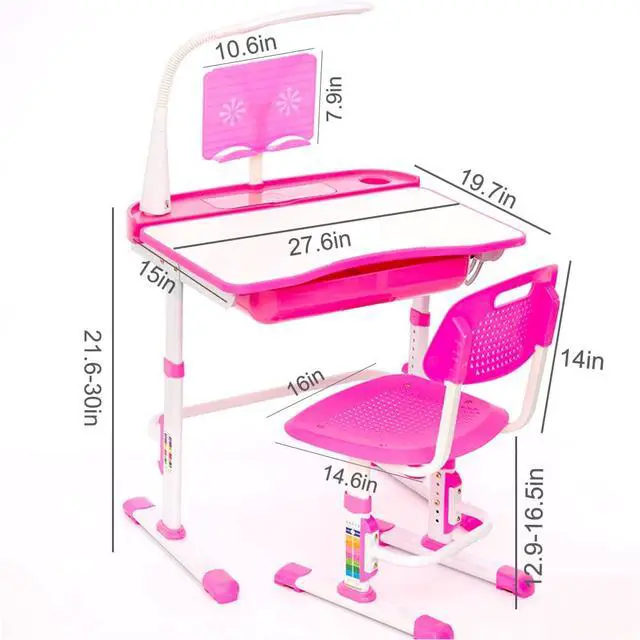 Alt view image 3 of 6 - Kids Desk and Chair Set,Height Adjustable,Spacious Storage Drawer | with Adjustable Tilted Desktop, Bookstand, Touch Led Lamp for School Student(Pink)