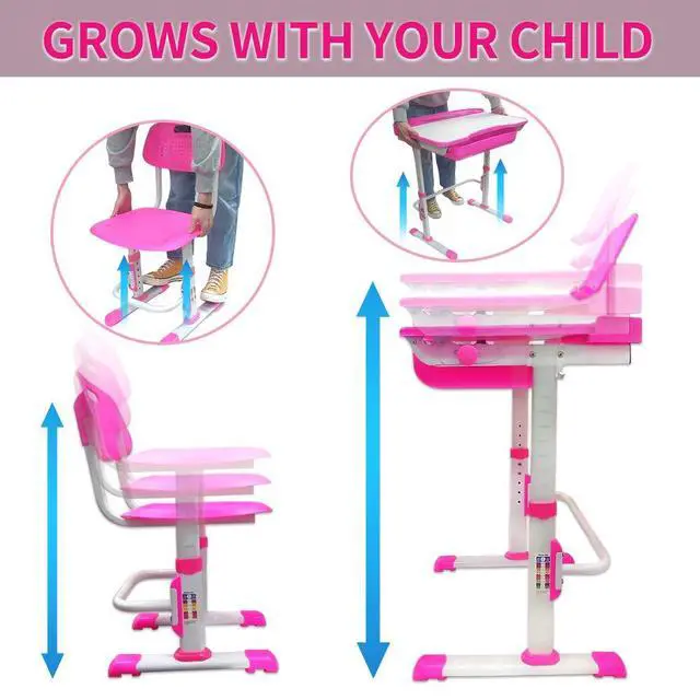 Alt view image 4 of 6 - Kids Desk and Chair Set,Height Adjustable,Spacious Storage Drawer | with Adjustable Tilted Desktop, Bookstand, Touch Led Lamp for School Student(Pink)