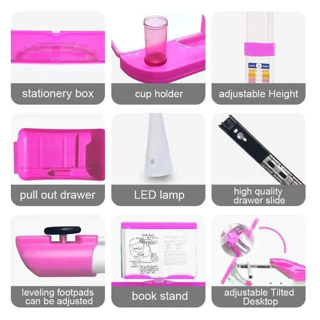 Alt view image 6 of 6 - Kids Desk and Chair Set,Height Adjustable,Spacious Storage Drawer | with Adjustable Tilted Desktop, Bookstand, Touch Led Lamp for School Student(Pink)