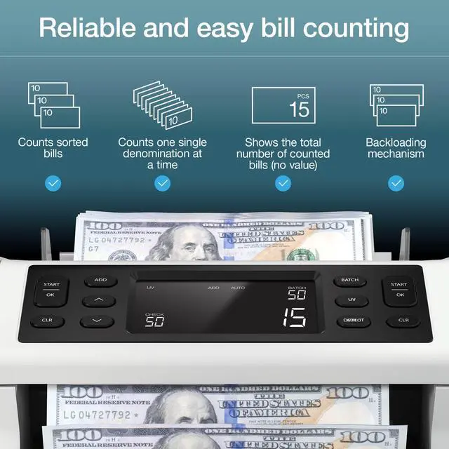 Alt view image 2 of 6 - 2210 Money Counter Machine with Counterfeit Detection, Add/Batch Modes, LCD-Display, High-Speed Counts 1,000 bills per minute, 2 Point Counterfeit Check - Sorted Counter for All Currencies