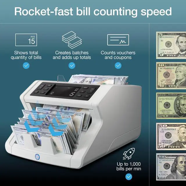 Alt view image 3 of 6 - 2210 Money Counter Machine with Counterfeit Detection, Add/Batch Modes, LCD-Display, High-Speed Counts 1,000 bills per minute, 2 Point Counterfeit Check - Sorted Counter for All Currencies