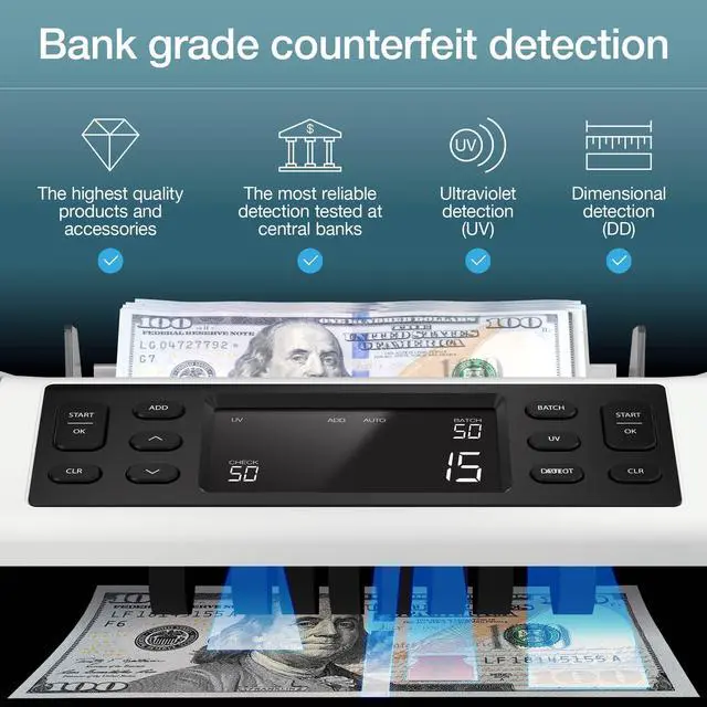 Alt view image 4 of 6 - 2210 Money Counter Machine with Counterfeit Detection, Add/Batch Modes, LCD-Display, High-Speed Counts 1,000 bills per minute, 2 Point Counterfeit Check - Sorted Counter for All Currencies