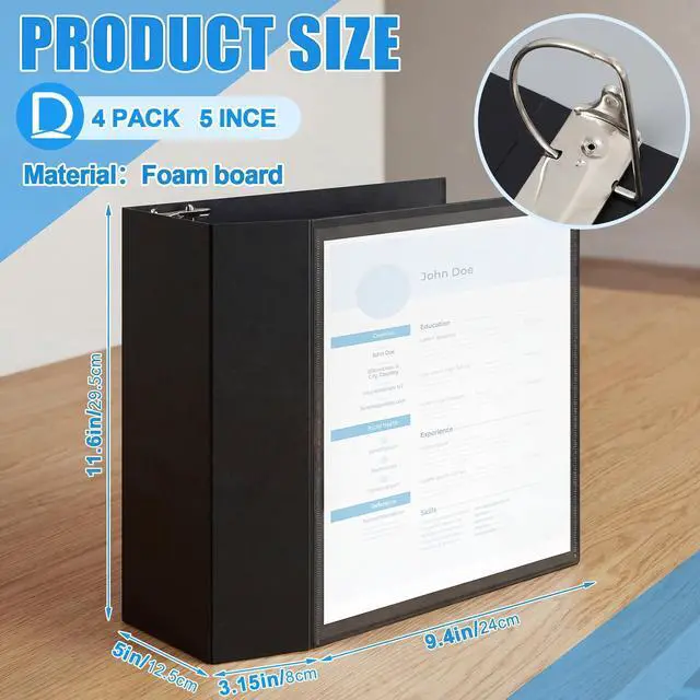 Alt view image 2 of 6 - 4 Pack 5 Inch D-Ring 3 Ring Binders with Clear Pocket, Heavy Duty Large Capacity Binder with Inside Pockets for Standard Pages 8.5 x 11, Presentation Binder for Office School(Black)