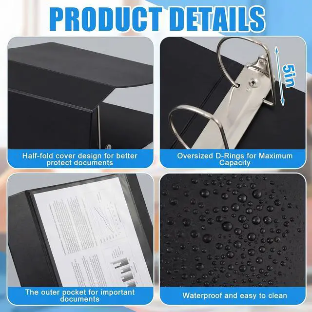Alt view image 3 of 6 - 4 Pack 5 Inch D-Ring 3 Ring Binders with Clear Pocket, Heavy Duty Large Capacity Binder with Inside Pockets for Standard Pages 8.5 x 11, Presentation Binder for Office School(Black)