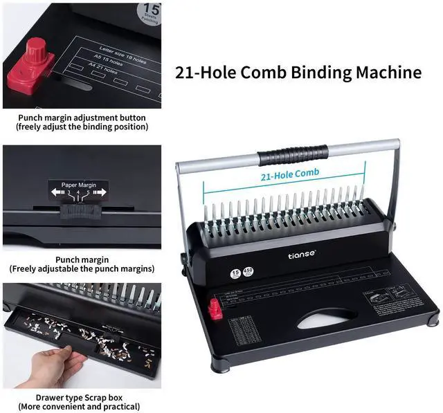 Alt view image 3 of 6 - Binding Machines, 21-Holes, 450 Sheets, Comb Bind Machine Book Maker with 100 PCS 3/8'' Comb Binder Spines Starter Kit, Comb Binding Machine for Letter Size, A4, A5 or Smaller Sizes