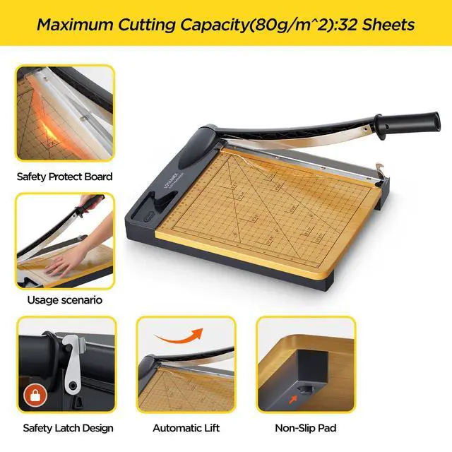 Alt view image 2 of 6 - 12'' Wood Guillotine Paper Cutter, Heavy Duty Wood Base Paper Trimmer with 16 Sheets Capacity Paper Cutting Board for Classroom, Crafting, Cardstock, Art Projects
