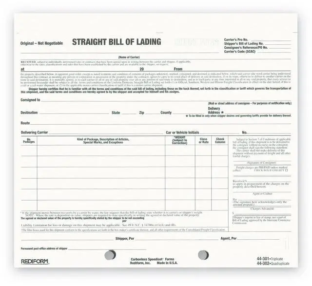 Main image of Bill of Lading, Snap-A-Way Design, Carbonless Triplicate Forms, 8.5" x 7", 250 Freight Forms (44301)