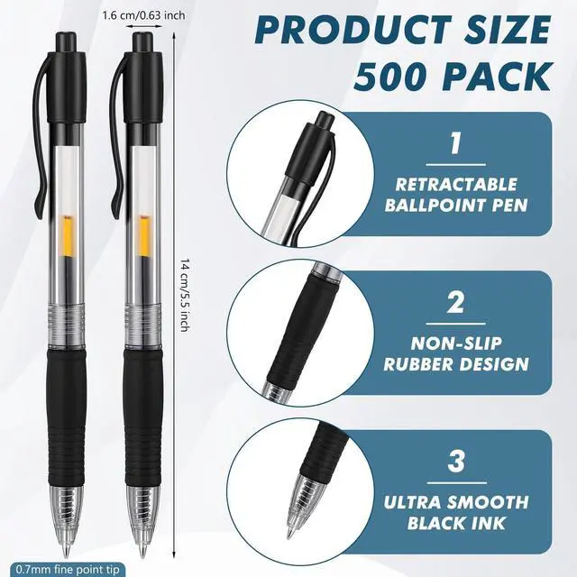 Alt view image 2 of 6 - 500 Pcs Premium Gel Roller Pens Bulk, Fine Point 0.7 mm, Retractable Gel Ink Roller Ball Pens for Writing Journaling Taking Notes Office (Black)