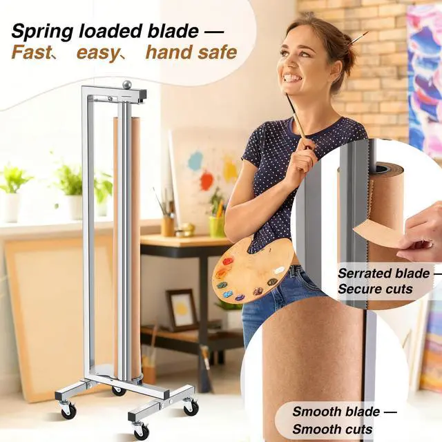 Alt view image 3 of 6 - 36 Inch Mobile Vertical Paper Roll Dispenser with Wheels | Butcher Paper Holder & Cutter Heavy Duty Dispenser for Kraft Wrapping Art Studio Classroom Freezer Butcher Retail Store