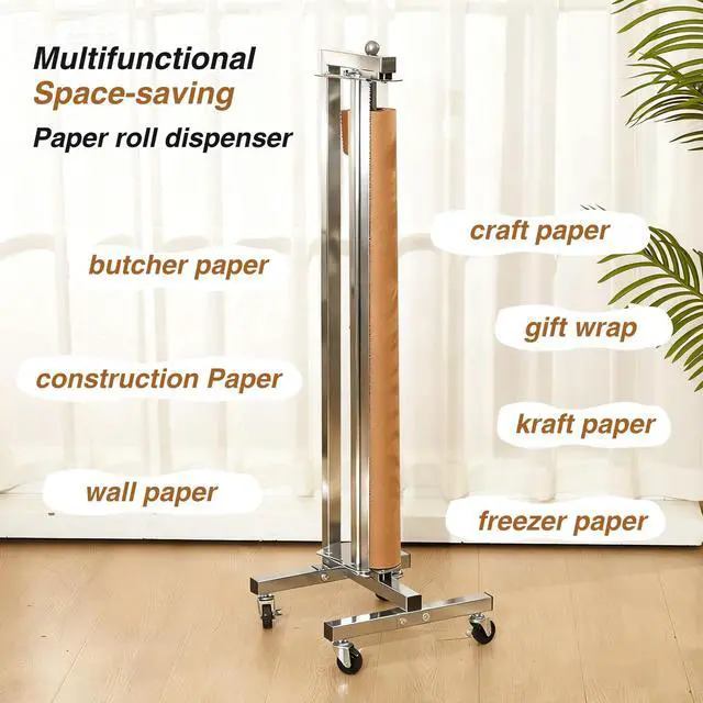 Alt view image 4 of 6 - 36 Inch Mobile Vertical Paper Roll Dispenser with Wheels | Butcher Paper Holder & Cutter Heavy Duty Dispenser for Kraft Wrapping Art Studio Classroom Freezer Butcher Retail Store