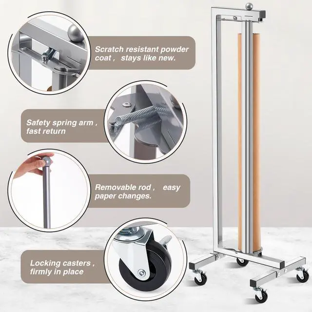 Alt view image 5 of 6 - 36 Inch Mobile Vertical Paper Roll Dispenser with Wheels | Butcher Paper Holder & Cutter Heavy Duty Dispenser for Kraft Wrapping Art Studio Classroom Freezer Butcher Retail Store
