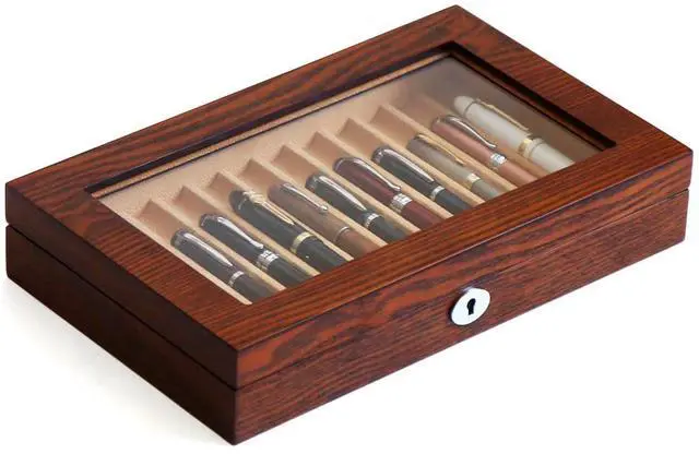 Main image of Fountain Pen Display Case 12 Pens, Wood Pen Display Box, Lockable Pen Storage Box with Glass and High-End Hardware, Pen Box Organizer, Pen Collection Display Case (Brown with Camel Velvet)