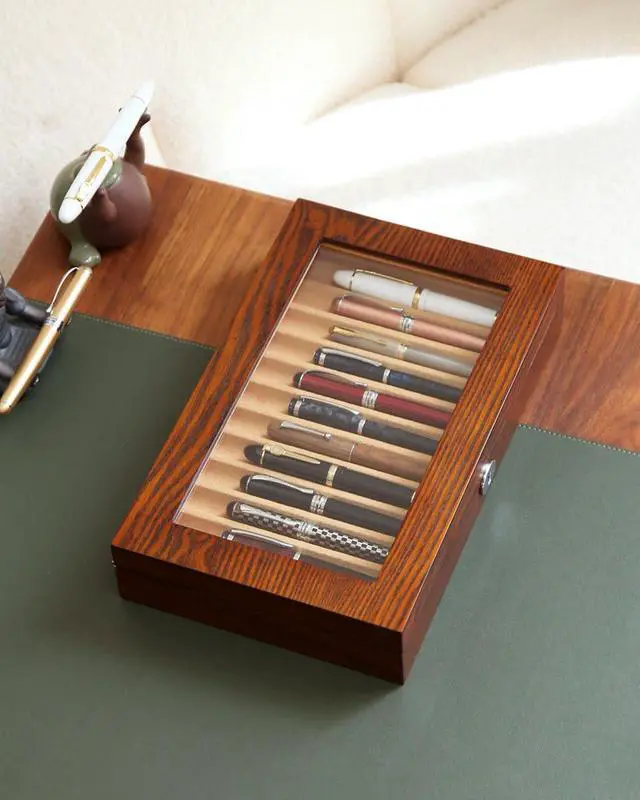 Alt view image 2 of 6 - Fountain Pen Display Case 12 Pens, Wood Pen Display Box, Lockable Pen Storage Box with Glass and High-End Hardware, Pen Box Organizer, Pen Collection Display Case (Brown with Camel Velvet)