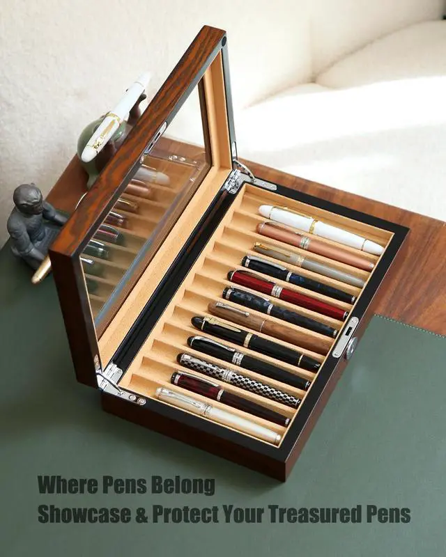 Alt view image 3 of 6 - Fountain Pen Display Case 12 Pens, Wood Pen Display Box, Lockable Pen Storage Box with Glass and High-End Hardware, Pen Box Organizer, Pen Collection Display Case (Brown with Camel Velvet)