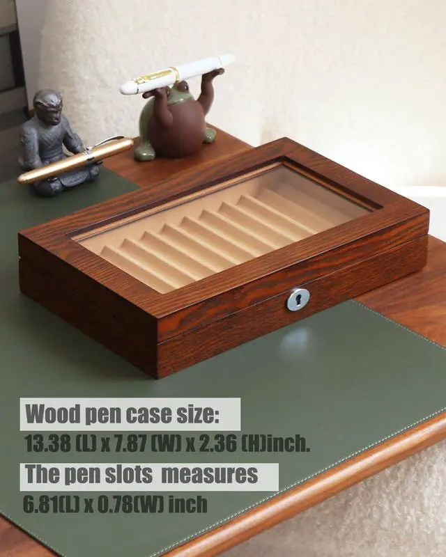 Alt view image 4 of 6 - Fountain Pen Display Case 12 Pens, Wood Pen Display Box, Lockable Pen Storage Box with Glass and High-End Hardware, Pen Box Organizer, Pen Collection Display Case (Brown with Camel Velvet)