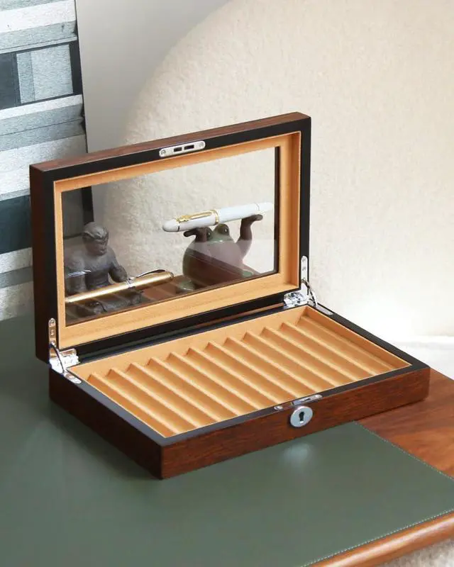Alt view image 6 of 6 - Fountain Pen Display Case 12 Pens, Wood Pen Display Box, Lockable Pen Storage Box with Glass and High-End Hardware, Pen Box Organizer, Pen Collection Display Case (Brown with Camel Velvet)
