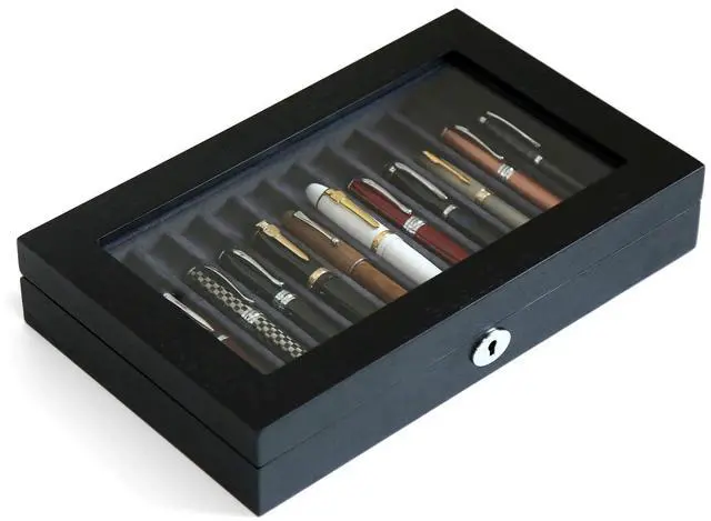 Main image of Wood Pen Display Case 12 Pens, Fountain Pen Display Box, Lockable Pen Storage Box with Glass and High-End Hardware, Pen Box Organizer, Pen Collection Display Case (Black with Gray Velvet)