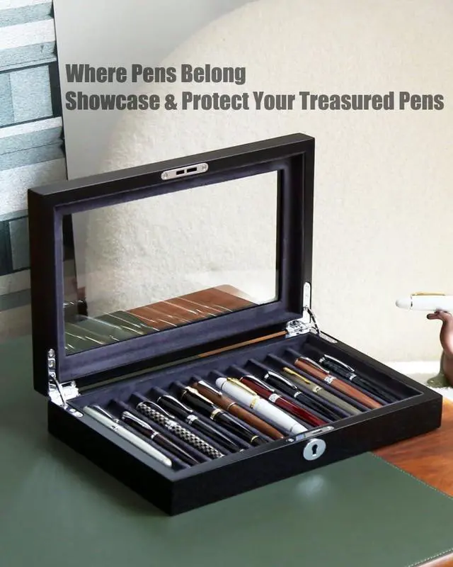 Alt view image 2 of 6 - Wood Pen Display Case 12 Pens, Fountain Pen Display Box, Lockable Pen Storage Box with Glass and High-End Hardware, Pen Box Organizer, Pen Collection Display Case (Black with Gray Velvet)