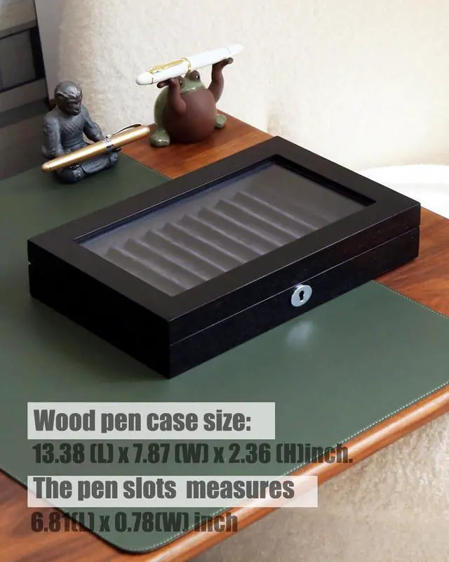 Alt view image 3 of 6 - Wood Pen Display Case 12 Pens, Fountain Pen Display Box, Lockable Pen Storage Box with Glass and High-End Hardware, Pen Box Organizer, Pen Collection Display Case (Black with Gray Velvet)