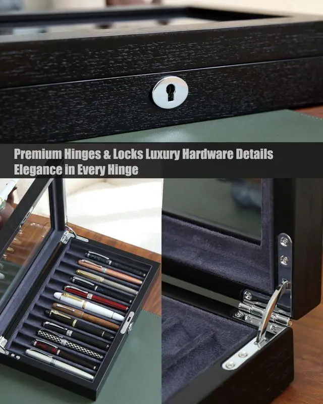 Alt view image 4 of 6 - Wood Pen Display Case 12 Pens, Fountain Pen Display Box, Lockable Pen Storage Box with Glass and High-End Hardware, Pen Box Organizer, Pen Collection Display Case (Black with Gray Velvet)