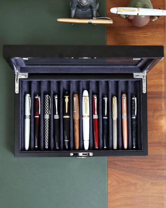 Alt view image 5 of 6 - Wood Pen Display Case 12 Pens, Fountain Pen Display Box, Lockable Pen Storage Box with Glass and High-End Hardware, Pen Box Organizer, Pen Collection Display Case (Black with Gray Velvet)