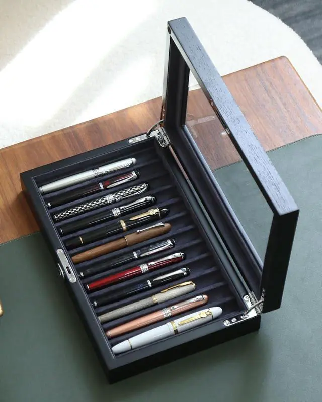 Alt view image 6 of 6 - Wood Pen Display Case 12 Pens, Fountain Pen Display Box, Lockable Pen Storage Box with Glass and High-End Hardware, Pen Box Organizer, Pen Collection Display Case (Black with Gray Velvet)