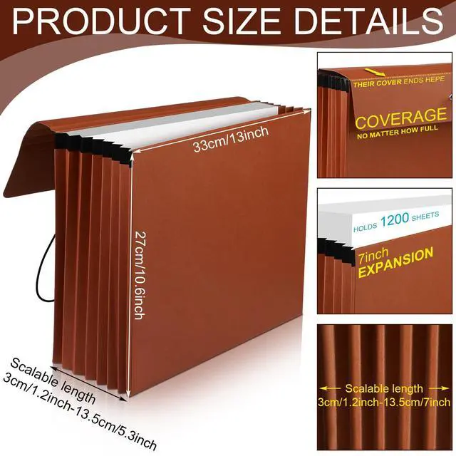 Alt view image 2 of 6 - 10 Pcs Expanding File Folder with Flap 5.3" Expansion, Expandable File Wallet with Elastic Cord Closure, Letter Size Heavy Duty Document Organizer, 8 Slots Holds 1200 Sheets Paper, Brown