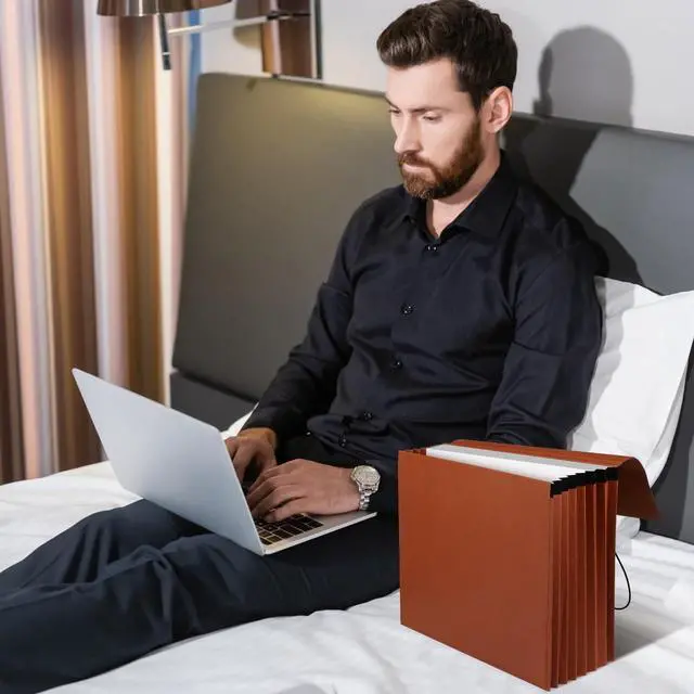 Alt view image 5 of 6 - 10 Pcs Expanding File Folder with Flap 5.3" Expansion, Expandable File Wallet with Elastic Cord Closure, Letter Size Heavy Duty Document Organizer, 8 Slots Holds 1200 Sheets Paper, Brown