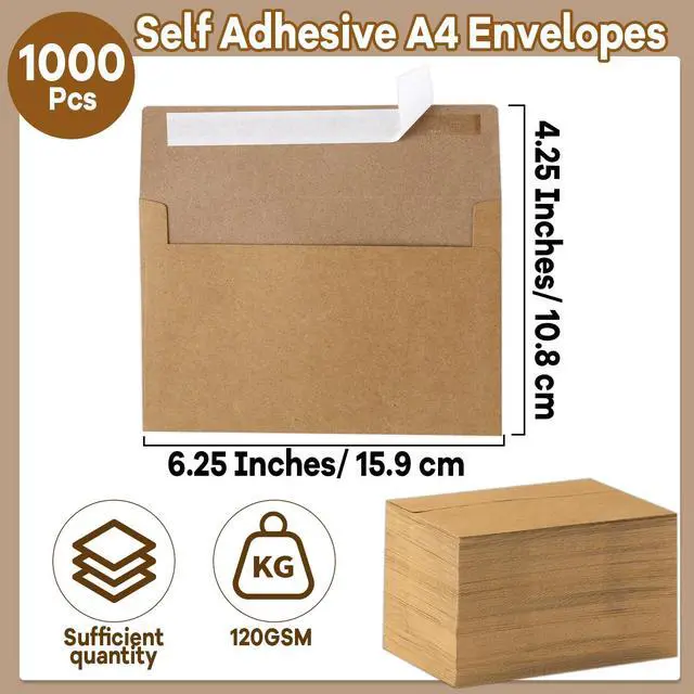 Alt view image 2 of 6 - 1000 Pieces A7 Kraft Paper Envelopes with Self Seal Bulk 5x7 Brown Envelopes 120 GSM Heavyweight for Invitations Postcard Greeting Card Photos Wedding Graduation Baby Shower Birthday Party