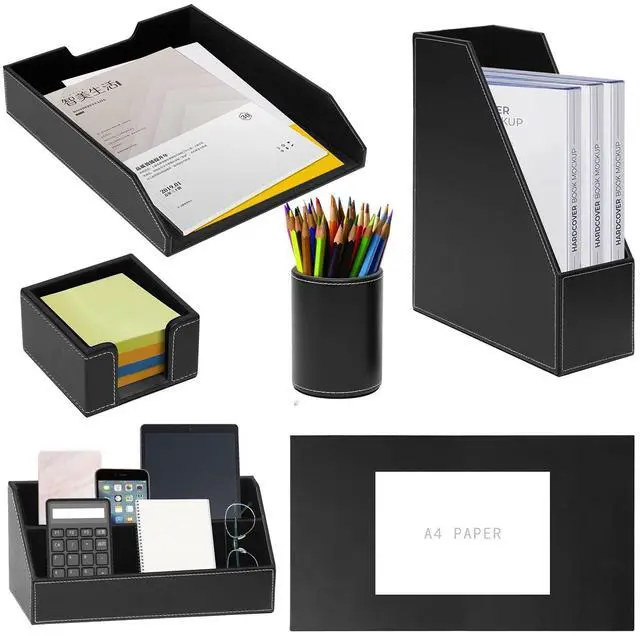 Main image of Office Supplies PU Leather 6-Piece Set Desk Organizer,Include Writing Pad,Letter Tray,file folder Sorter/Magazine Holder,Pen Cup,Note Holder,Business Card Holder,Man/Woman Office Gift,Black