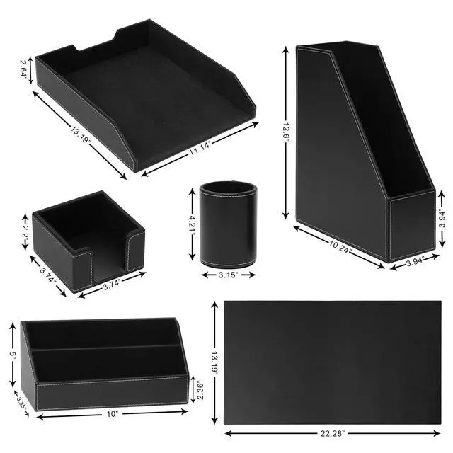 Alt view image 2 of 6 - Office Supplies PU Leather 6-Piece Set Desk Organizer,Include Writing Pad,Letter Tray,file folder Sorter/Magazine Holder,Pen Cup,Note Holder,Business Card Holder,Man/Woman Office Gift,Black