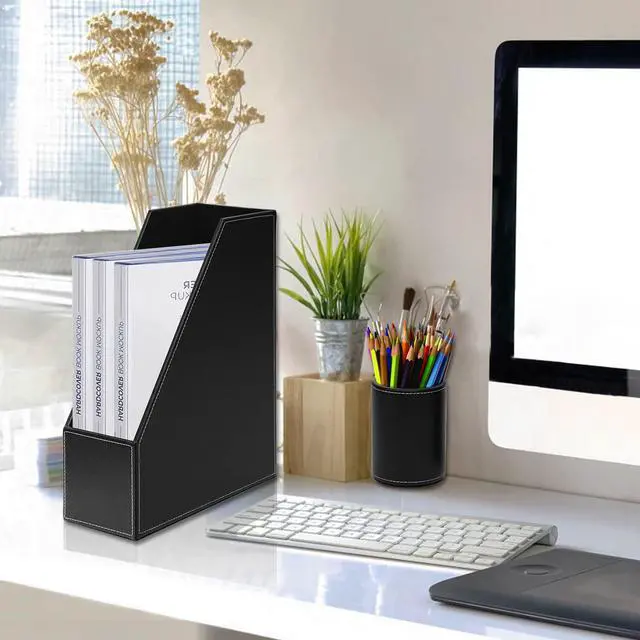 Alt view image 3 of 6 - Office Supplies PU Leather 6-Piece Set Desk Organizer,Include Writing Pad,Letter Tray,file folder Sorter/Magazine Holder,Pen Cup,Note Holder,Business Card Holder,Man/Woman Office Gift,Black