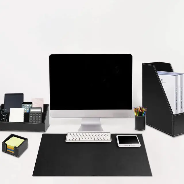 Alt view image 5 of 6 - Office Supplies PU Leather 6-Piece Set Desk Organizer,Include Writing Pad,Letter Tray,file folder Sorter/Magazine Holder,Pen Cup,Note Holder,Business Card Holder,Man/Woman Office Gift,Black