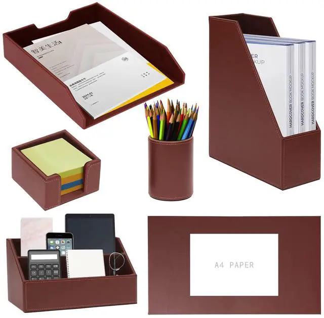 Main image of Office Supplies PU Leather 6-Piece Desk Organizer with Writing Pad, Letter Tray, File Folder Sorter, Pen Cup, Note Holder, Business Card Holder - Brown