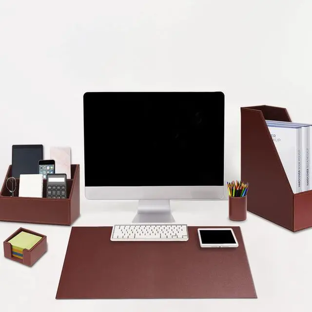 Alt view image 2 of 6 - Office Supplies PU Leather 6-Piece Desk Organizer with Writing Pad, Letter Tray, File Folder Sorter, Pen Cup, Note Holder, Business Card Holder - Brown