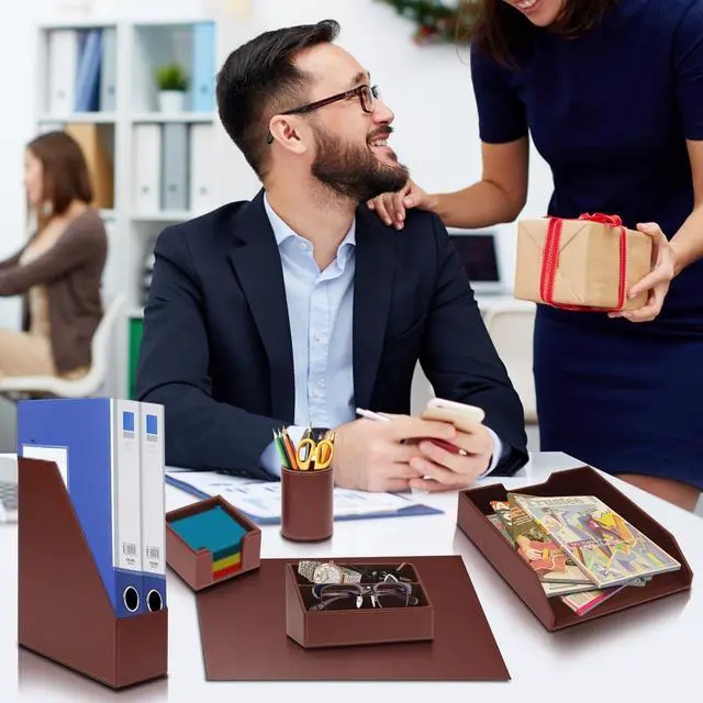 Alt view image 3 of 6 - Office Supplies PU Leather 6-Piece Desk Organizer with Writing Pad, Letter Tray, File Folder Sorter, Pen Cup, Note Holder, Business Card Holder - Brown